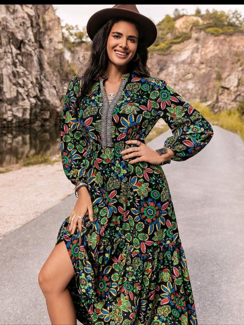 Bohemian Floral Maxi Dress - Black with Multicolor Floral - Picture 8 of 14